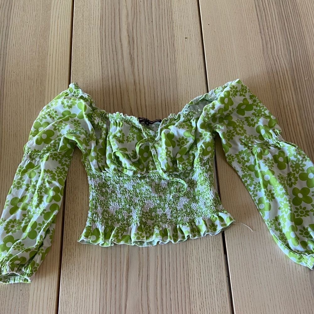 Almost Famous Green and white Floral boho crop top retro blouse- small